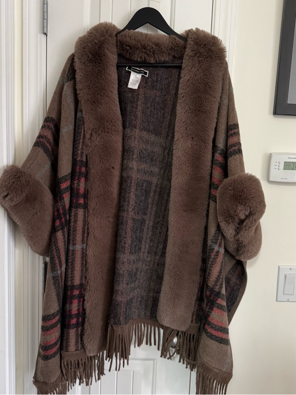 Melanie Lynne Brown Plaid Faux Fur Trim Poncho Shrug